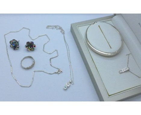 Silver jewellery including a bangle and pendant, ring, etc.