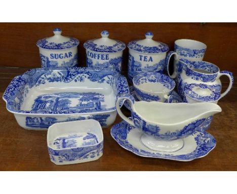 A collection of Spode Italian china, eleven pieces in total, including three storage jars, gravy boat, jugs, etc.