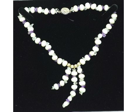 A cultured pearl, amethyst and blue stone necklace with silver clasp