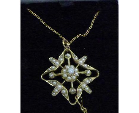 A 15ct gold, diamond, opal and pearl 'snowflake' pendant on a silver chain