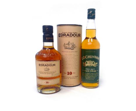 EDRADOUR AGED 10 YEARS
Active. Pitlochry, Perthshire.
70cl, 40% volume, in tube. 
LOCHINVAR
Blended Malt Scotch Whisky. 
70cl