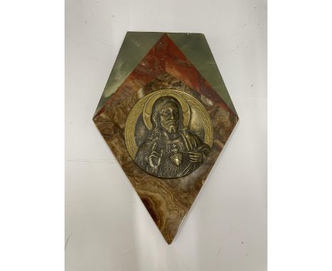 A VINTAGE BRASS AND MARBLE RELIGIOUS ICON 