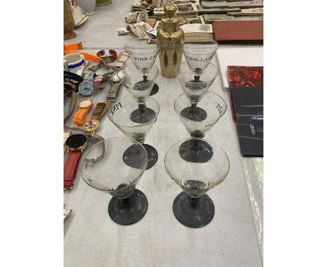 A VINTAGE SILVER PLATED COCKTAIL SHAKER PLUS EIGHT PINK LADY GLASSES 