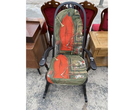 A MODERN ERCOL STYLE ROCKING CHAIR WITH CUSHIONS, DEPICTING HUNTING SCENES 