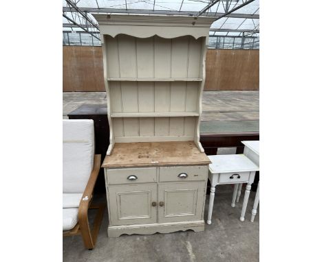 A VINTAGE PAINTED PINE DRESSER WITH UPPER PLATE RACK, 36" WIDE 