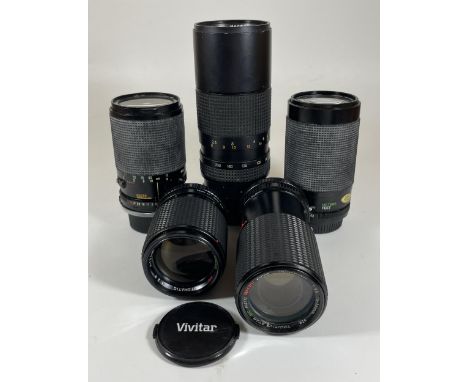 A GROUP OF FIVE VINTAGE CAMERA LENS' - TAMRON BBAR MC, MITSUKI MACRO, VIVITAR MACRO FOCUSING ZOOM, SIRIUS MC &amp; TOU/FIVE S