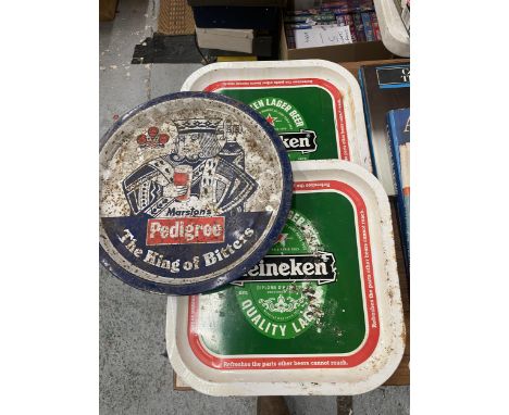 THREE VINTAGE BEER TRAYS TO INCLUDE MARSTON'S PEDIGREE AND HEINEKEN 