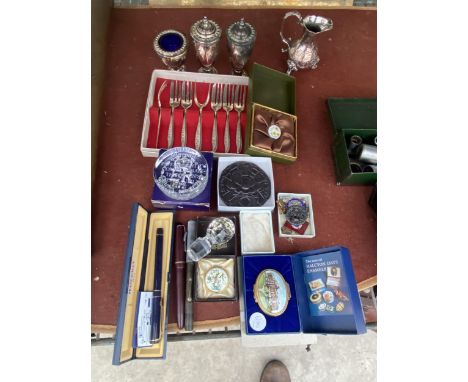 AN ASSORTMENT OF VINTAGE ITEMS TO INCLUDE HALLMARKED SILVER BADGES, A WATERMAN FOUNTAIN PEN AND A CRUET SET ETC 