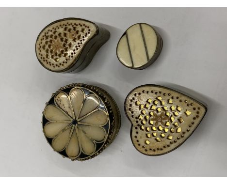 FOUR VINTAGE BRASS AND BONE LIDDED POTS 
