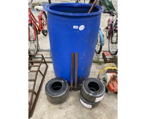 AN ASSORTMENT OF ITEMS TO INCLUDE GOKART TYRES, A BLUE DRUM AND SASH CLAMPS ETC 