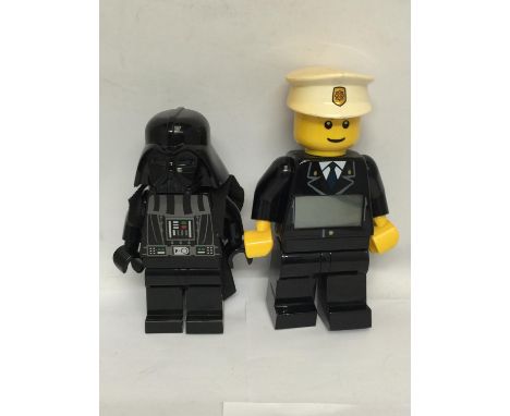 TWO LARGE LEGO MINI-FIGURE BATTERY OPERATED DIGITAL TOYS - A DARTH VADER TORCH AND A POLICEMAN ALARM CLOCK 