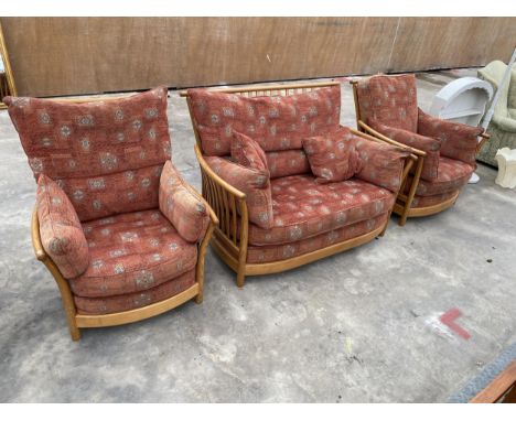 AN ELM ERCOL RENAISSANCE THREE PIECE SUITE COMPRISING TWO SEATER SETTEE AND TWO EASY CHAIRS 