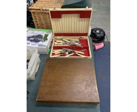 A SET OF VINTAGE KNIVES AND FORKS IN A BOX PLUS AN EMPTY MAHOGANY FLATWARE BOX 