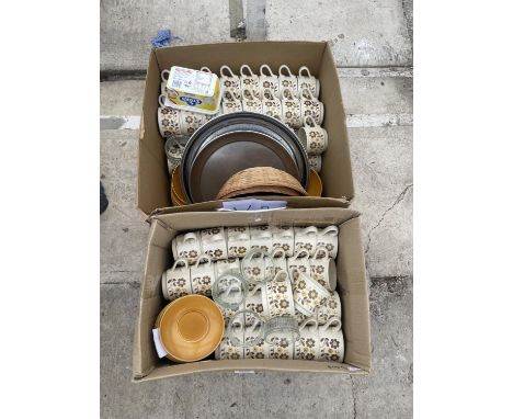 AN ASSORTMENT OF ITEMS TO INCLUDE CERAMIC CUPS AND SAUCERS AND STAINLESS STEEL TRAYS ETC 