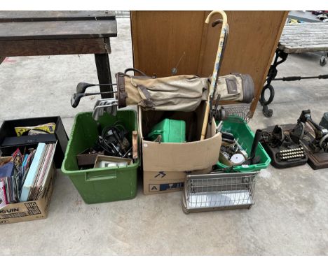 AN ASSORTMENT OF ITEMS TO INCLUDE VEHICLE DASH BOARD INSTRUMENTS, GOLF CLUBS AND GARDEN TOOLS ETC 