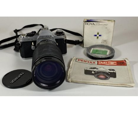 A VINTAGE PENTAX ME SUPER SLR CAMERA WITH TAMRON SP 35-210MM 1:3.5-4.2 LENS, MANUAL ETC 