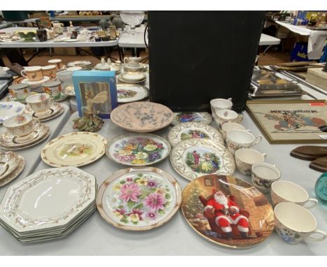 A QUANTITY OF ITEMS TO INCLUDE CABINET PLATES, VINTAGE CHINA CUPS, ETERNAL BEAU PLATES, A BUNNYKINS PLATES, FLOWER FAIRY FIGU