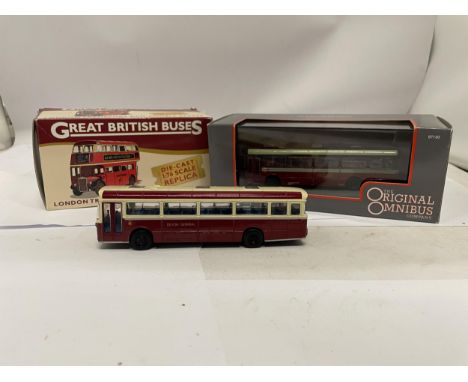 THREE VINTAGE BUSES TO INCLUDE GREAT BRITISH BUSES DIE-CAST REPLICA LONDON TRANSPORT RTW DOUBLE DECKER, CORGI THE ORIGINAL OM