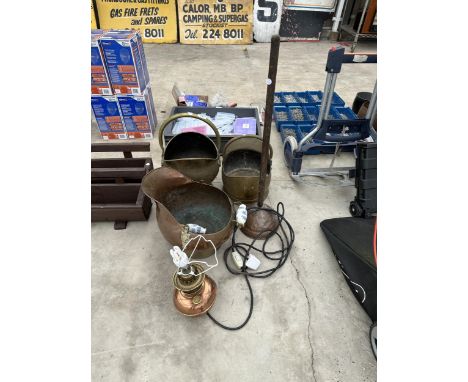 TWO BRASS COAL BUCKETS, A COPPER COAL BUCKET, A LAMP AND A COPPER POSSER 