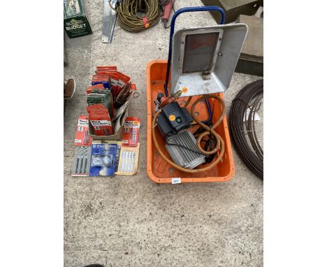 AN ASSORTMENT OF TOOLS AND HARDWARE TO INCLUDE JIGSAW BLADES, A PUMP AND A GAS HEATER ETC 