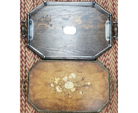 TWO VINTAGE DRINKS TRAYS - OAK AND SILVER PLATE AND INLAID EXAMPLE 