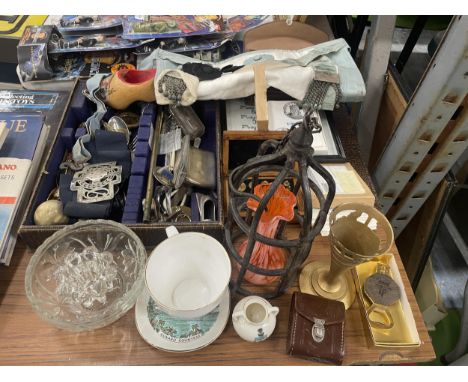 A LARGE MIXED LOT TO INCLUDE A MASONIC BAG, A QUANTITY OF SILVER PLATE, A TRAVELLING INKWELL IN LEATHER CASE, WEIGHTS, CIGARE