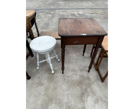 TWO ITEMS - A VINTAGE PINE TABLE AND A WHITE PAINTED STOOL, ON BALL AND CLAW FEET