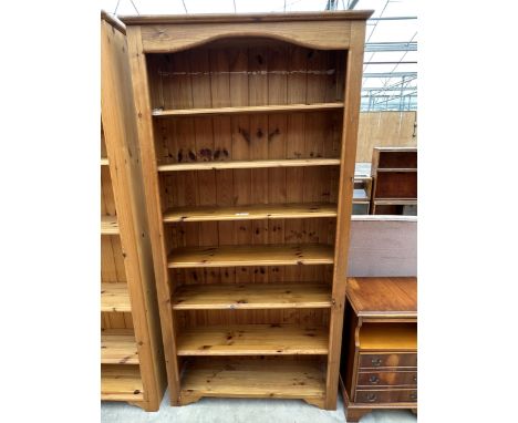 A TALL PINE OPEN SHELF BOOKCASE WITH SIX SHELVES, 36" WIDE 