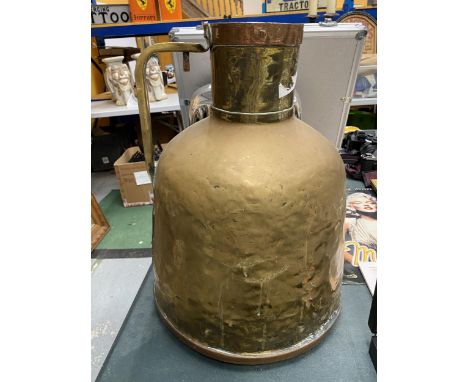 A LARGE VINTAGE BRASS VESSEL WITH COPPER BAND TOP 