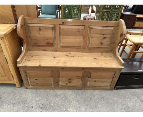 A VINTAGE PINE MONKS BENCH WITH PANELLED DESIGN AND LIFT UP SEAT STORAGE, 49.5" WIDE 