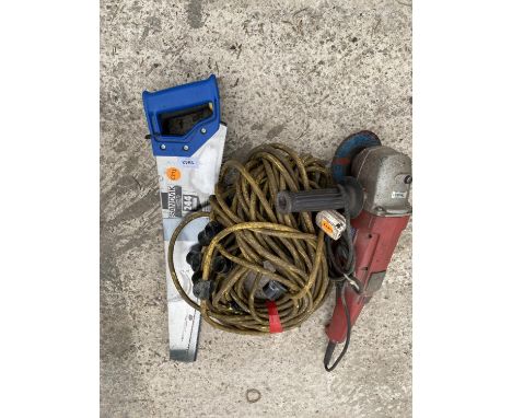 AN ANGLE GRINDER, A STRING OF LIGHTS AND AN ASSORTMENT OF HAND SAWS ETC 