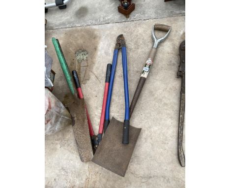 AN ASSORTMENT OF TOOLS TO INCLUDE SNIPS AND SPADES ETC 