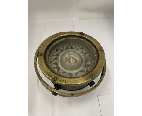 A VINTAGE BRASS WIGGINS &amp; RIHILL, LONDON SHIPS GIMBAL COMPASS 