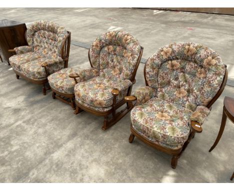 A MODERN ERCOL STYLE COTTAGE SUITE COMPRISING TWO EATER SETTEE, ROCKING CHAIR, FIRESIDE CHAIR AND STOOL 