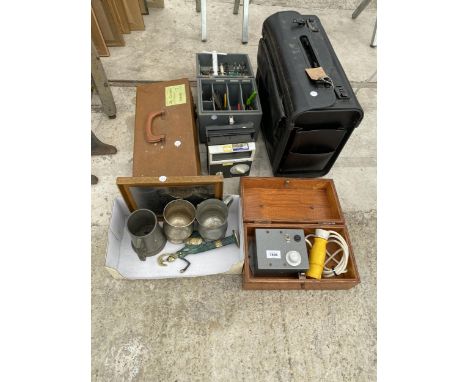 AN ASSORTMENT OF ITEMS TO INCLUDE A BRIEFCASE, TANKARDS AND HAND TOOLS ETC 