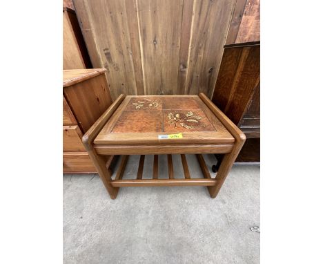 A RETRO TILE TOP SIDE TABLE WITH LOWER SLATTED SHELF 