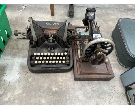 A VINTAGE OLIVER TYPEWRITER AND A VINTAGE SINGER SEWING MACHINE 