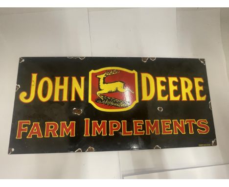 A JOHN DEERE FARM IMPLEMENTS ENAMEL SIGN, 44 X 21CM 