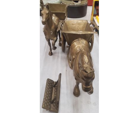 TWO VINTAGE BRASS HORSE AND CART MODELS 