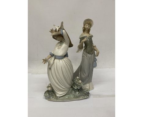 A LLADRO SUNNY DAY LADY FIGURINE NOW RETIRED TOGETHER WITH A NAO FIGURINE OF A GIRL WITH BIRDS (A/F) 