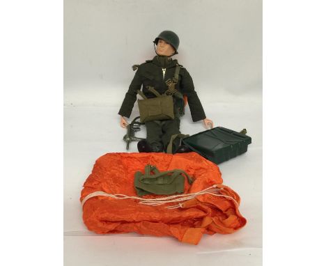 A RARE VINTAGE ACTION MAN PARATROOPER FIGURE, INCLUDING A SPARE PARACHUTE 