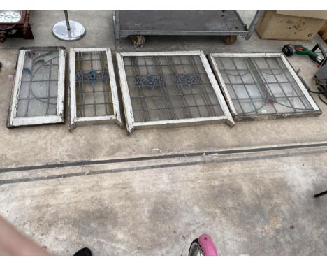 FOUR VINTAGE GLAZED AND LEADED WINDOWS 