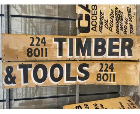 A LARGE WOODEN 'TIMBER &amp; TOOLS' SIGN 