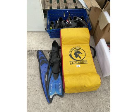 AN ASSORTMENT OF SPORTS EQUIPMENT TO INCLUDE A RUGBY TACKLE BAG AND FOOTBALL BOOTS ETC 