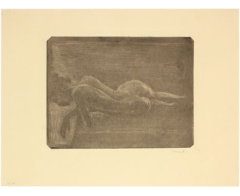 Edvard Munch (Löiten 1863 - 1944 Oslo)Reclining Nude - Liegender weiblicher Akt1896Schabkunst auf Zinkplatte, auf cremefarben