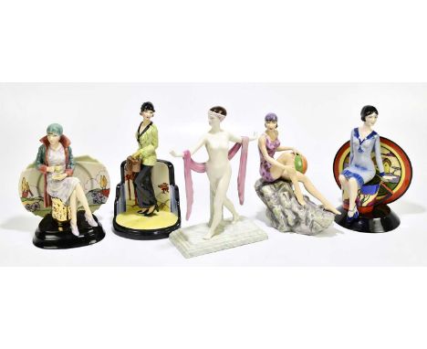 PEGGY DAVIES; three ceramic figures in the Art Deco style, including 'La Chic', height 26cm, with two Kevin Francis figures, 