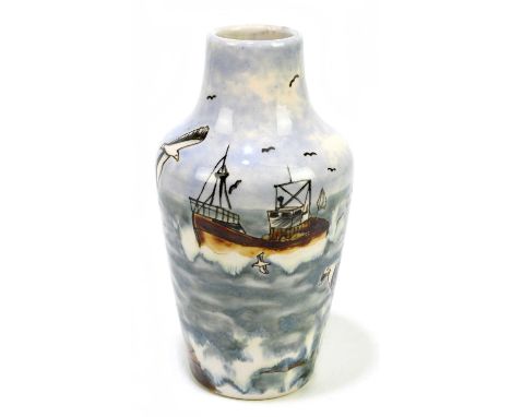 COBRIDGE STONEWARE; a vase with inverted neck decorated with trawlers and seagulls, height 17cm.Condition Report: Light wear 