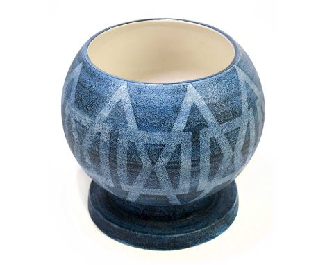 LOUISE JINKS FOR TROIKA POTTERY; a globe vase with geometric decoration on a blue ground, signed 'Troika Cornwall' with paint