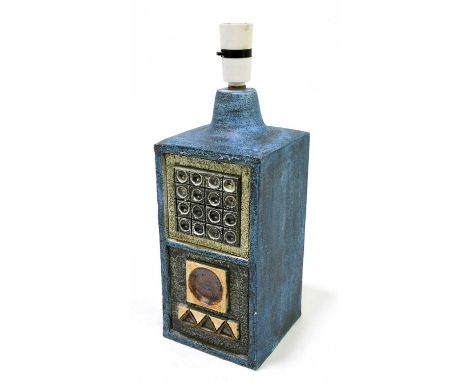 LOUISE JINKS FOR TROIKA POTTERY; a large rectangle lamp base decorated with stylised motifs and symbols to two of the four si
