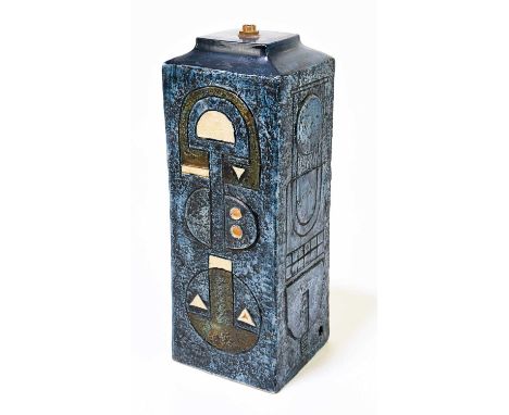 SIMONE KILBURN FOR TROIKA POTTERY; a large column table lamp, with stylised decoration on a blue ground, signed 'Troika Cornw